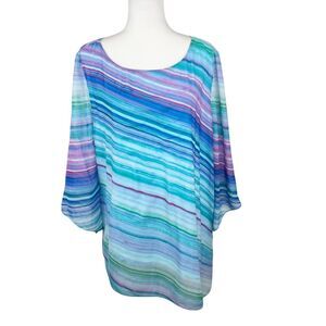 Chico's Blouse Women Extra Large Blue Purple Striped Sheer Lined Casual Top